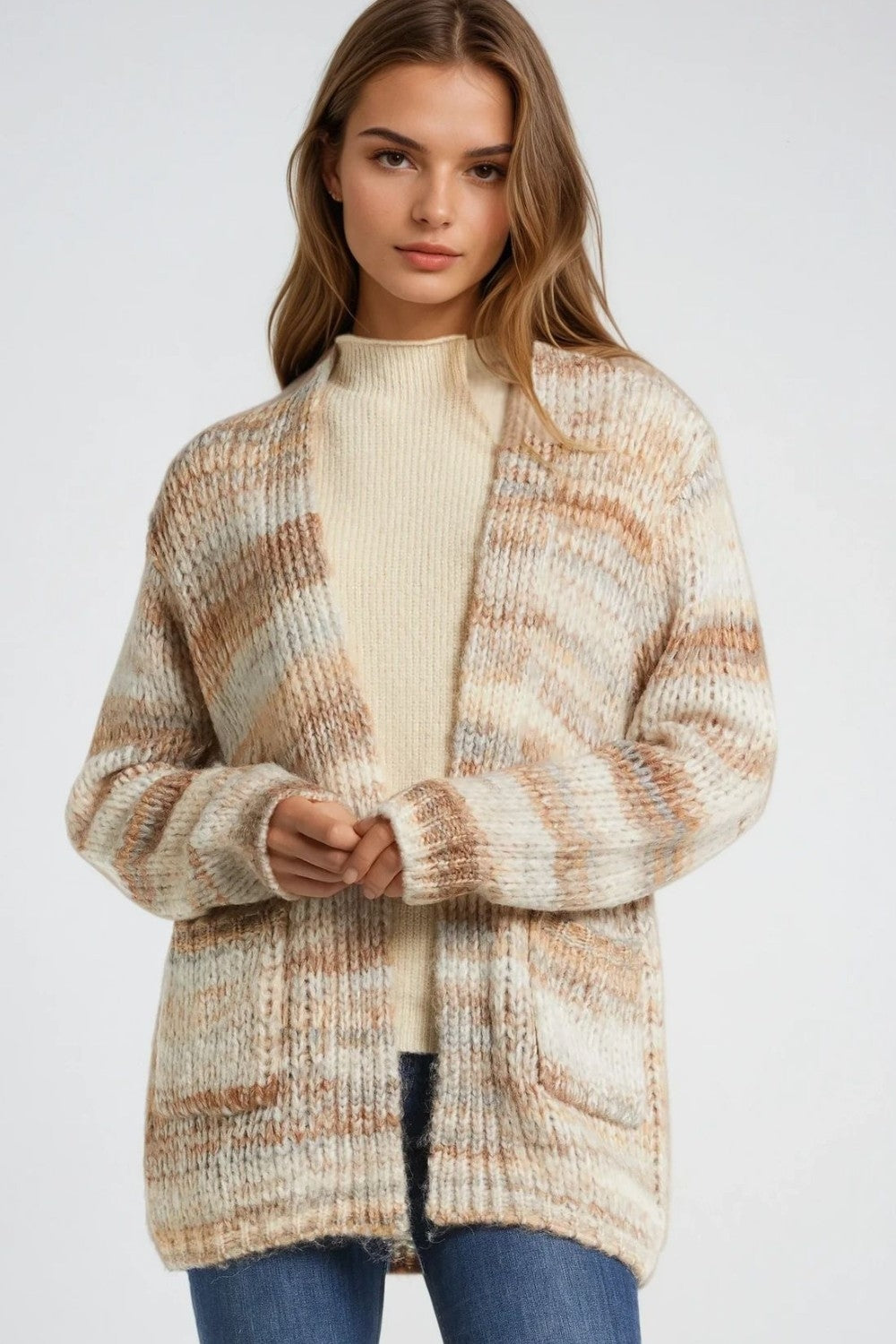Oversized mottled striped long cardigan with pockets