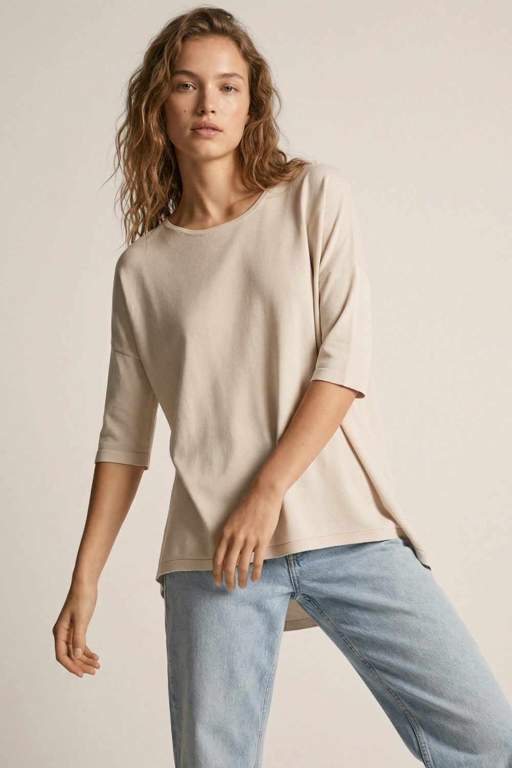 Oversized Sweater in Beige with Elbow-Length Sleeves
