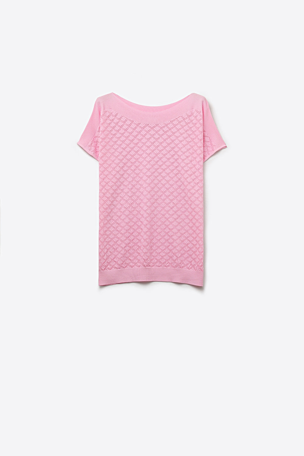 Q2 Pattern Textured Knit Short Sleeve Sweater in pink