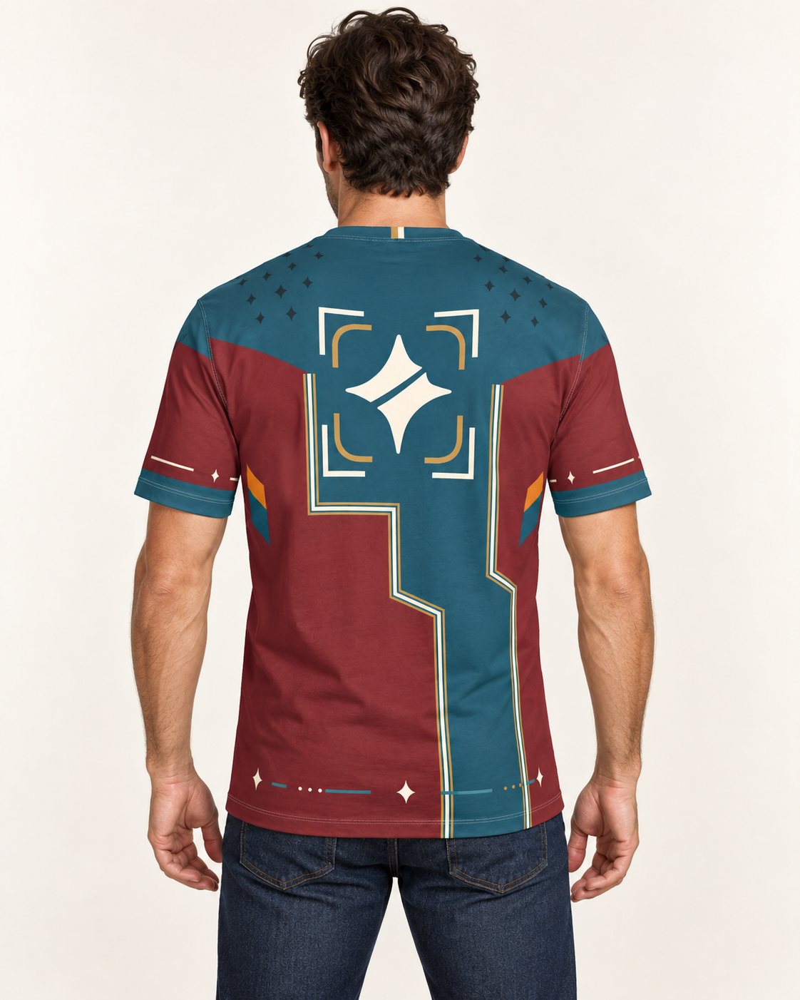 Peacock Meridian Regular-Fit Cotton T-Shirt — back view, AI-generated styling illustration