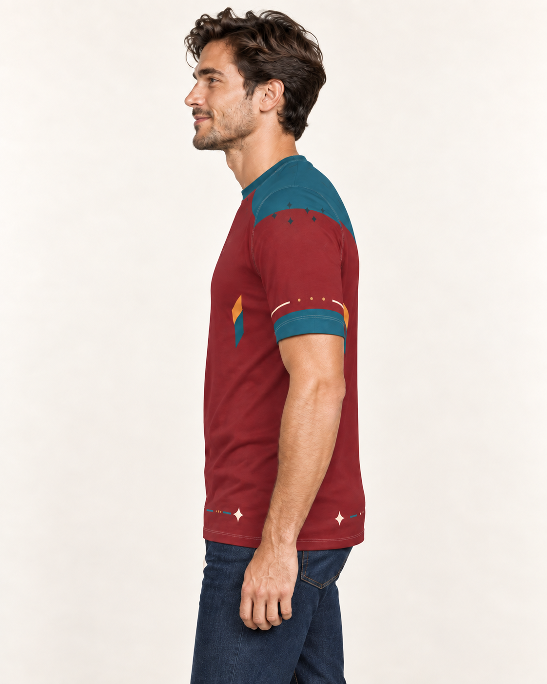 Peacock Meridian Regular-Fit Cotton T-Shirt — side view, AI-generated styling illustration