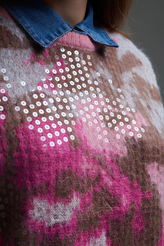 Pink Animal Print Sweater With Sequins