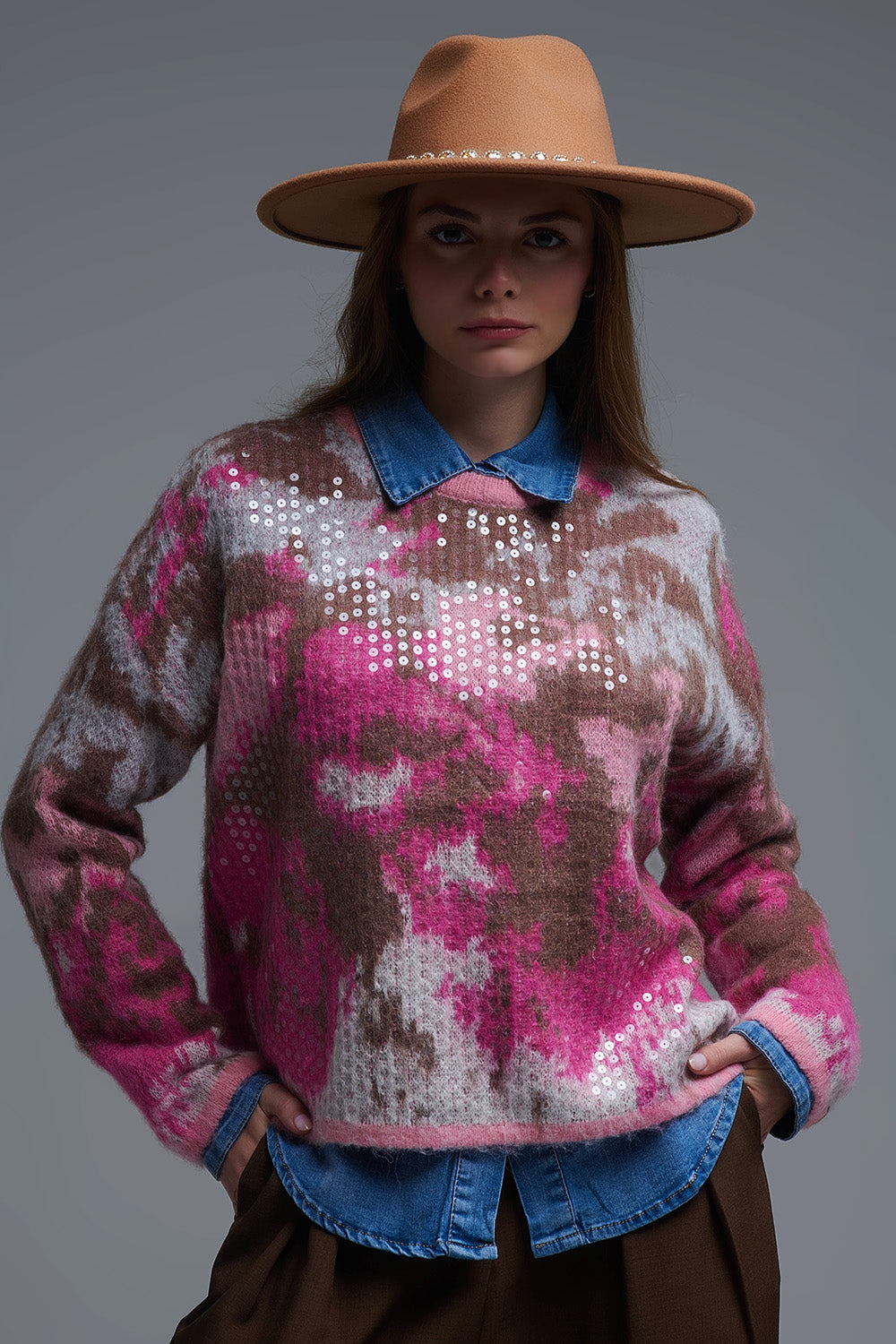 Q2 Pink Animal Print Sweater With Sequins