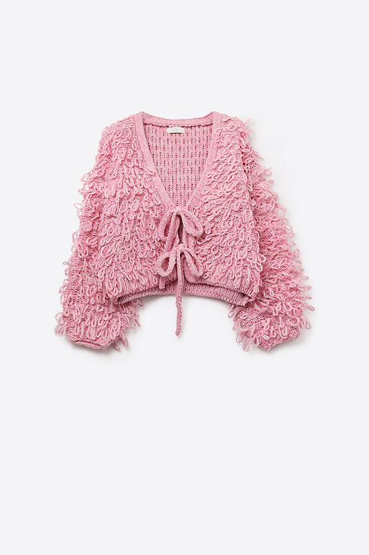 Q2 Pink Cropped chunky Knit cardigan with V-Neck and Front Tie closure