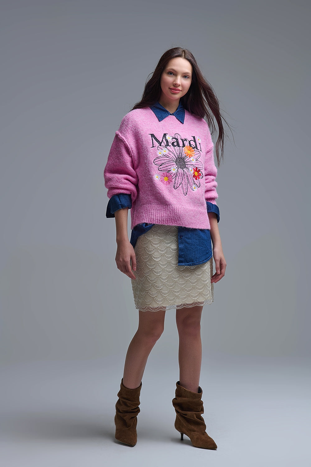 Pink Embroidered Mardi Sweater With Flowers