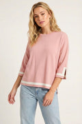 pink Fine Knit sweater with Contrast Stripe in white Detail and 3/4 Sleeves
