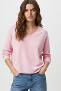 Pink Fine Knit V-Neck Sweater with Subtle Linear Texture