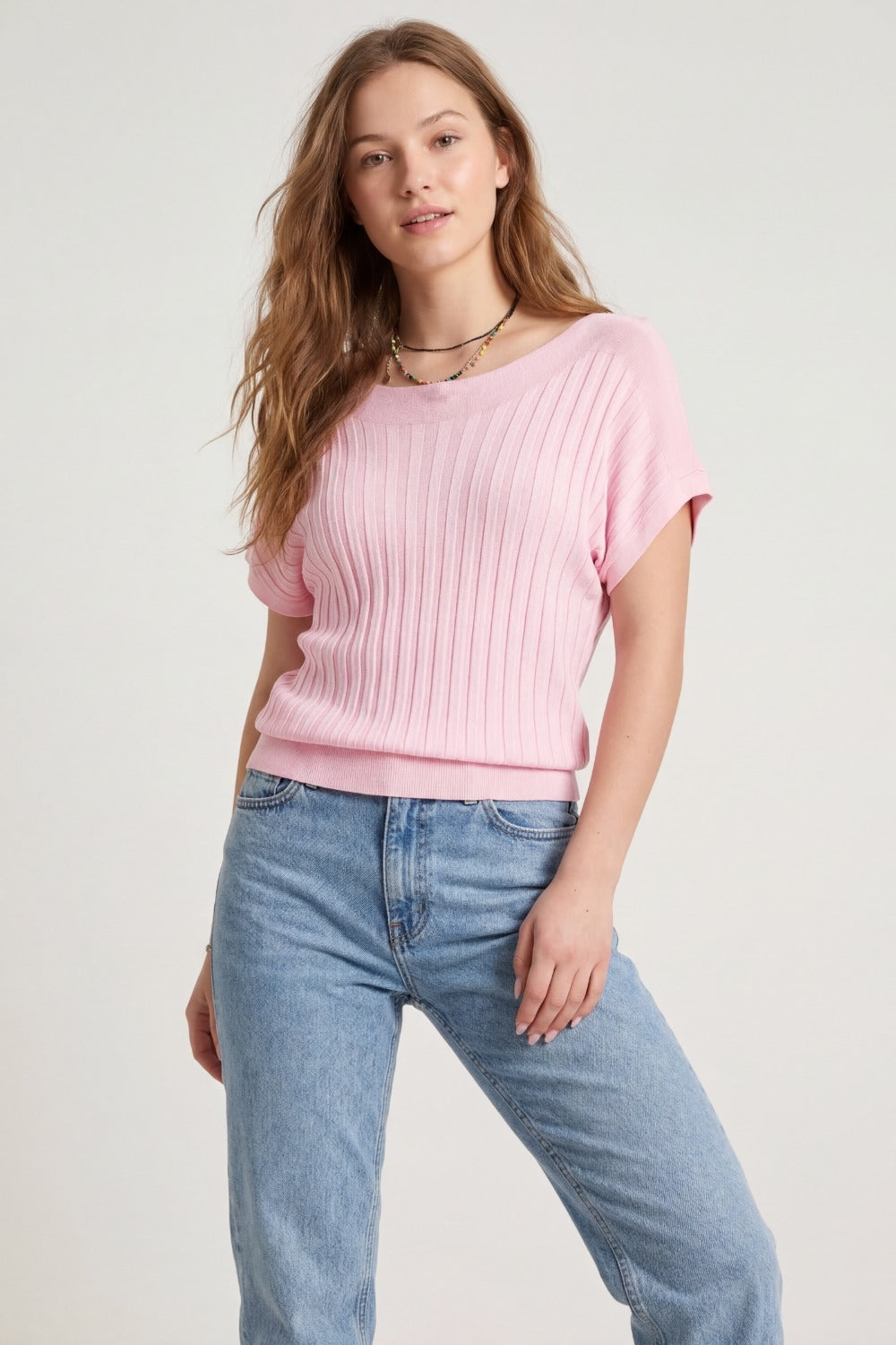 Pink fine Rib knitted Sweater with boat neck