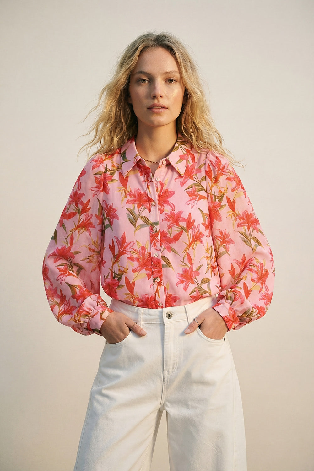 Pink Floral Print Button-Up Blouse with Balloon Sleeves in chiffon
