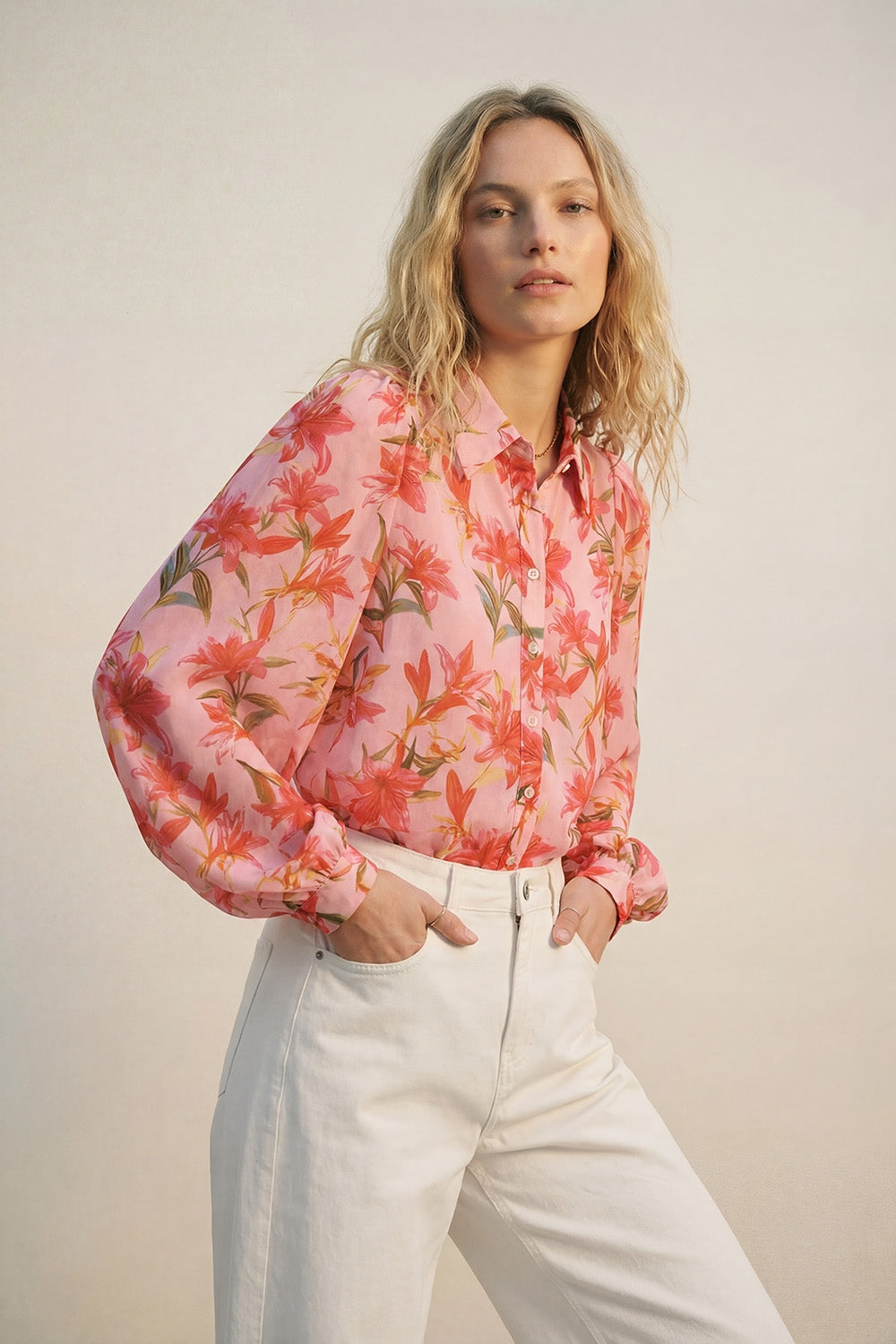 Pink Floral Print Button-Up Blouse with Balloon Sleeves in chiffon