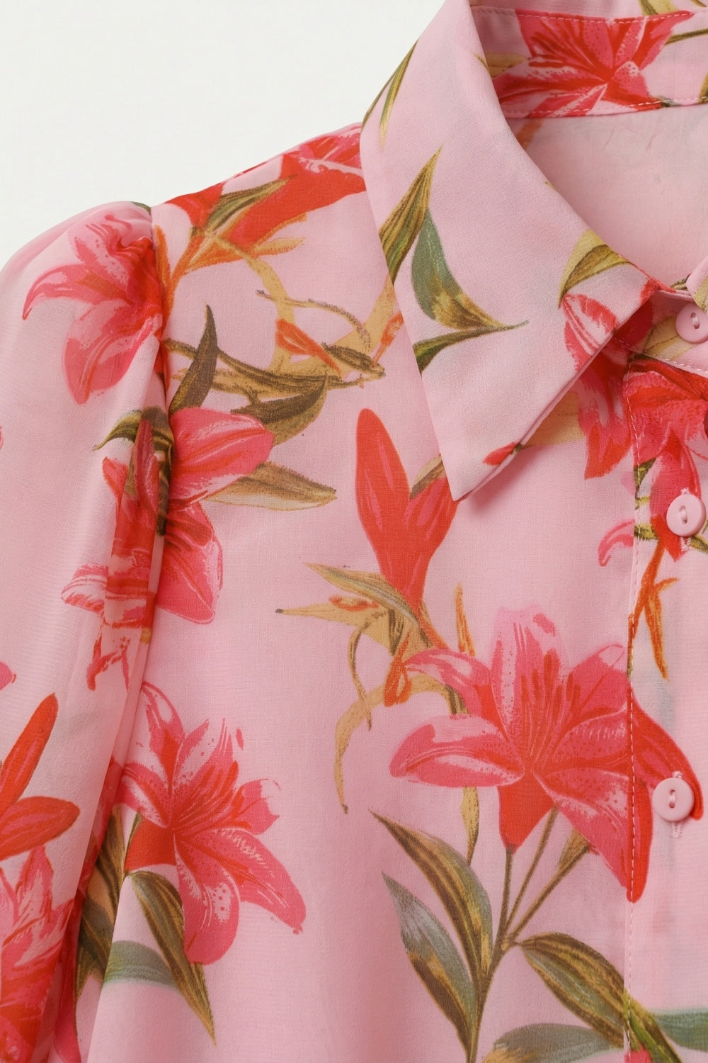 Pink Floral Print Button-Up Blouse with Balloon Sleeves in chiffon