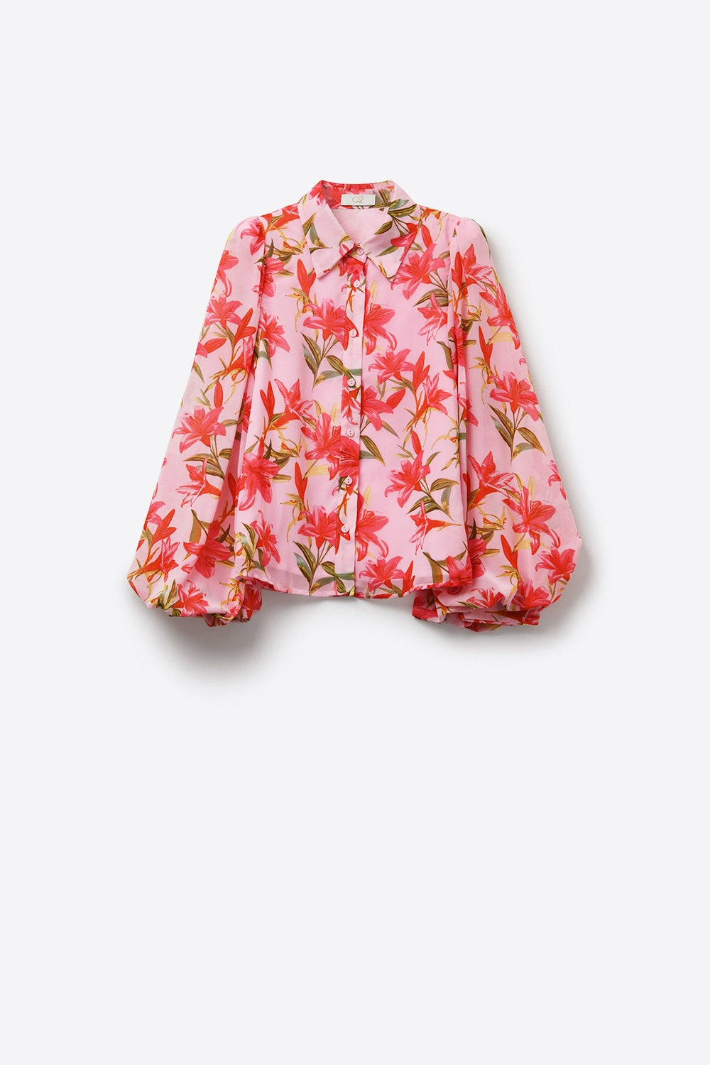 Pink Floral Print Button-Up Blouse with Balloon Sleeves in chiffon