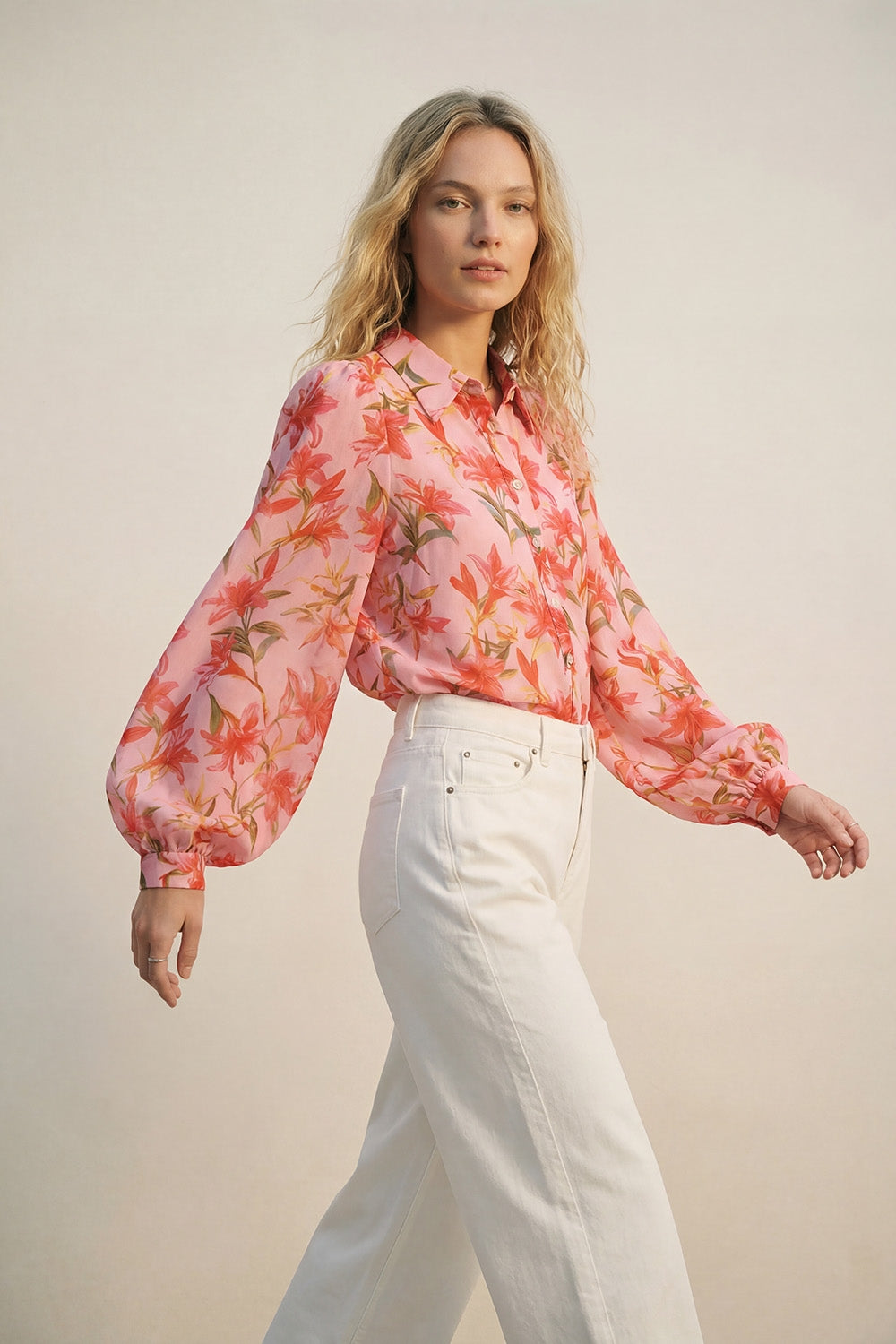Pink Floral Print Button-Up Blouse with Balloon Sleeves in chiffon