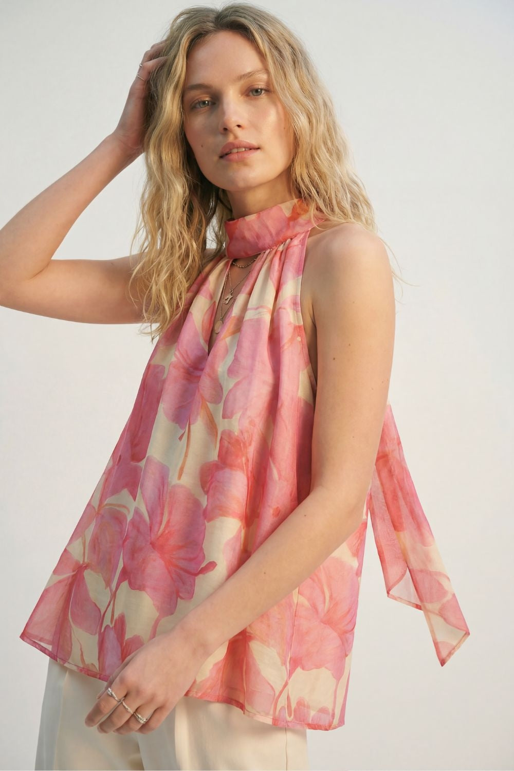 Q2 Pink Floral Soft Chiffon Halter Top