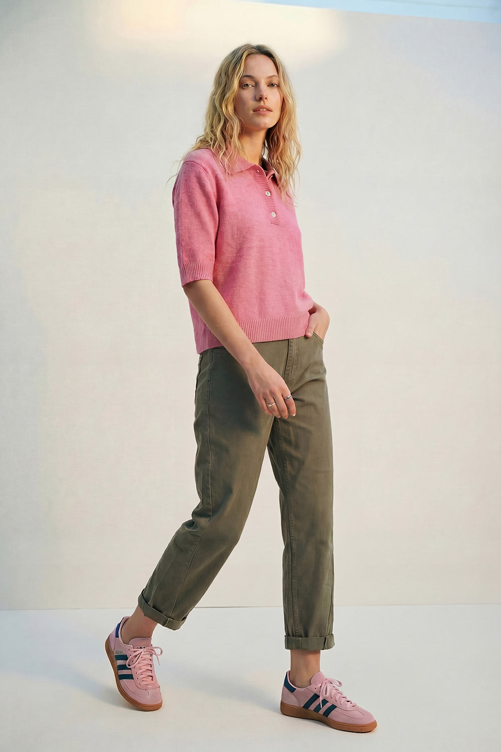 Pink Fluffy Soft-Knit Polo Sweater