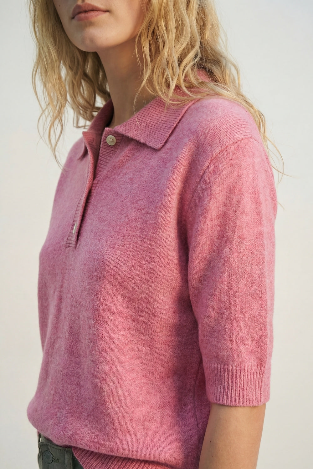Pink Fluffy Soft-Knit Polo Sweater