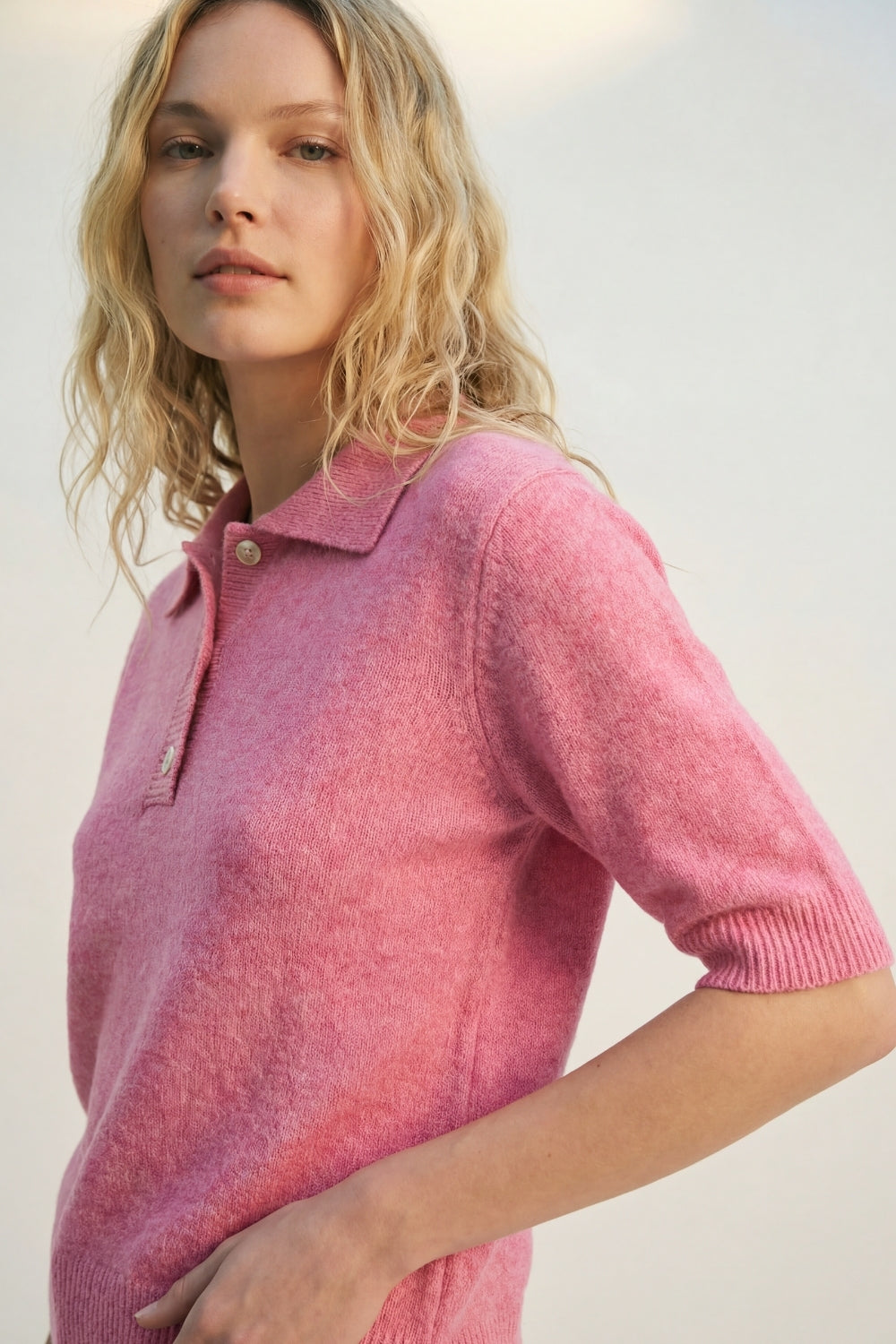Pink Fluffy Soft-Knit Polo Sweater
