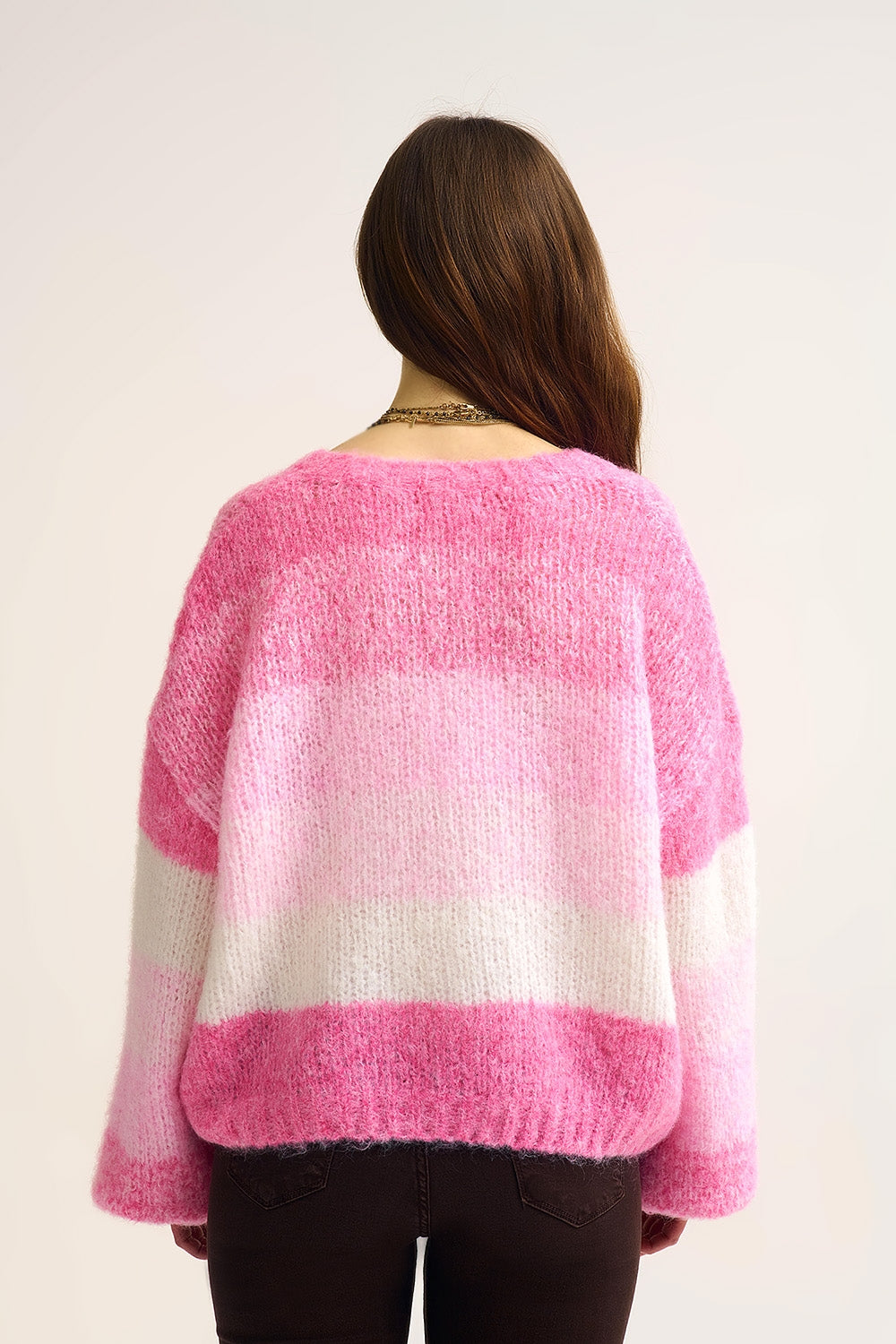 Pink Gradient Chunky Knit Cardigan with Soft Texture and Button Front