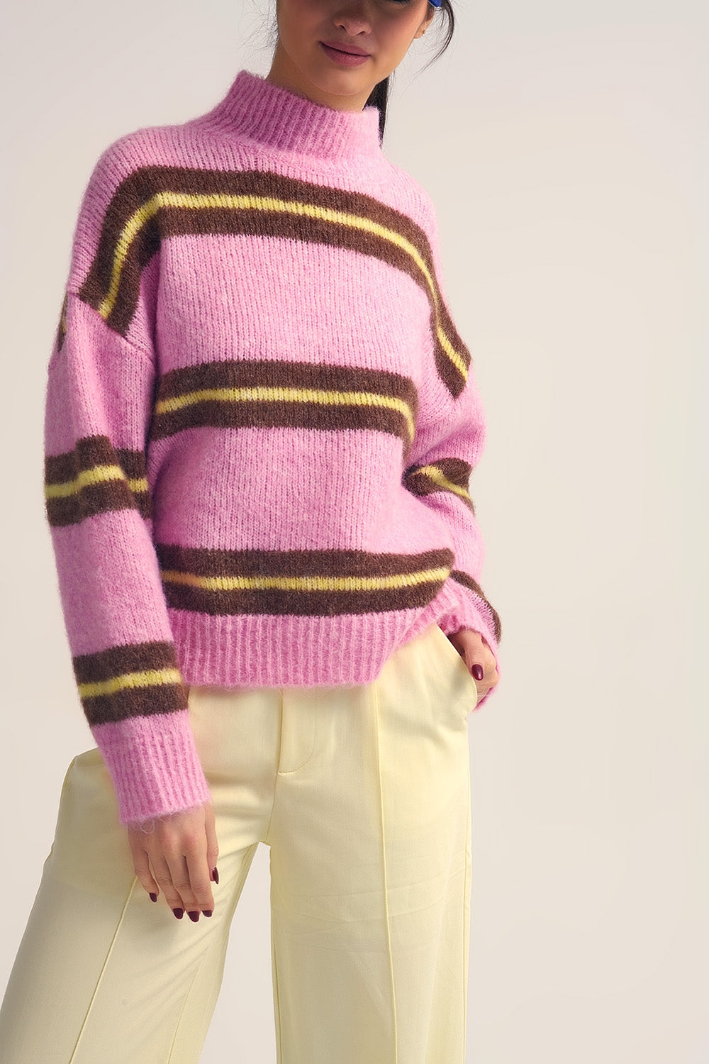 Pink Knitted Sweater with Brown and Yellow Stripes