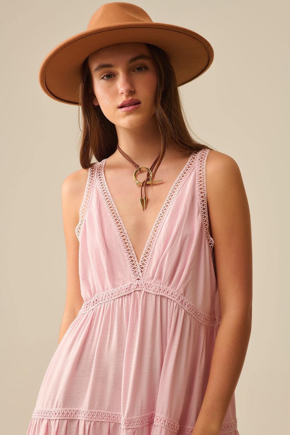 Pink Maxi Dress With Lace Details and boho style