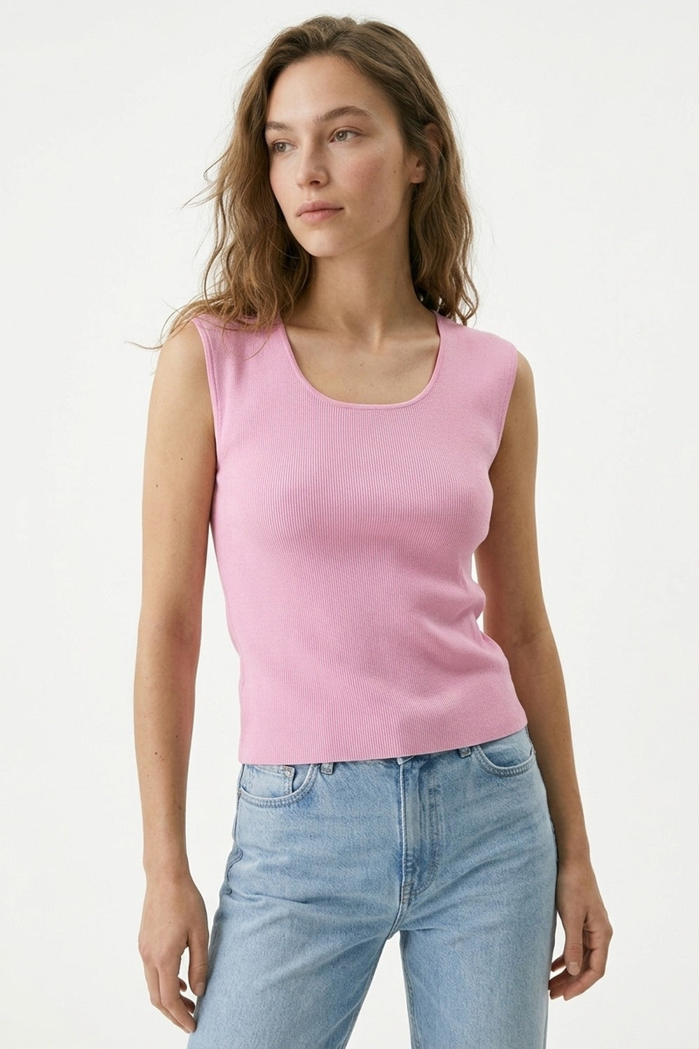 Pink Ribbed Knit Scoop Neck Tank Top
