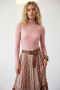 Q2 Pink Sheer Mesh Long Sleeve Bodysuit with Mock Neck