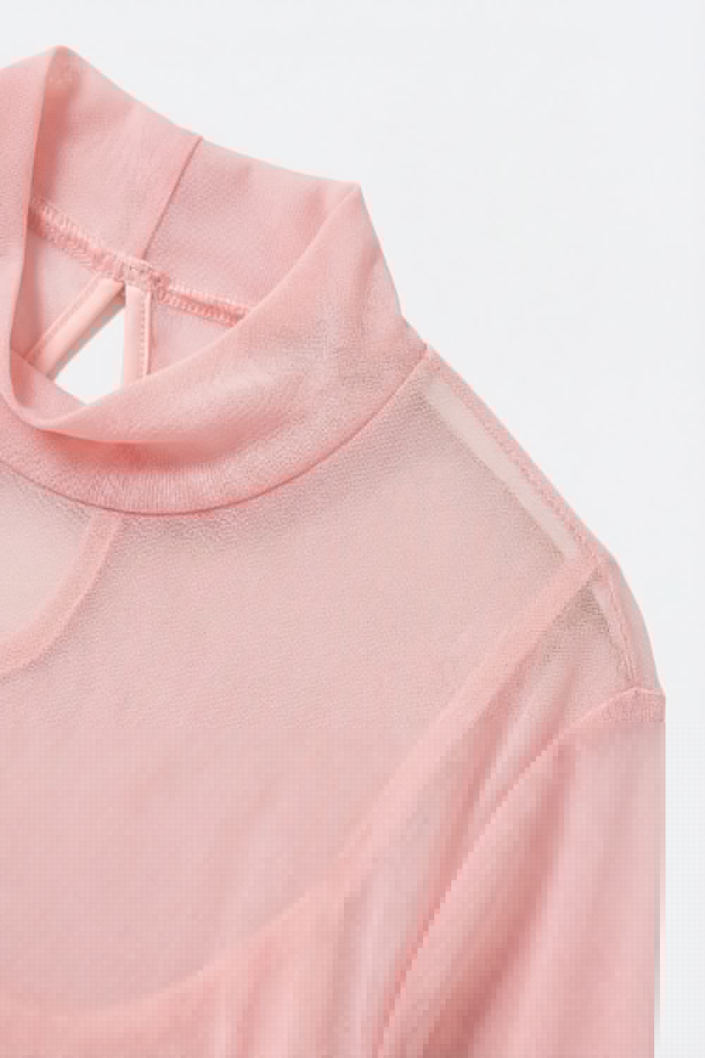 Pink Sheer Mesh Long Sleeve Bodysuit with Mock Neck
