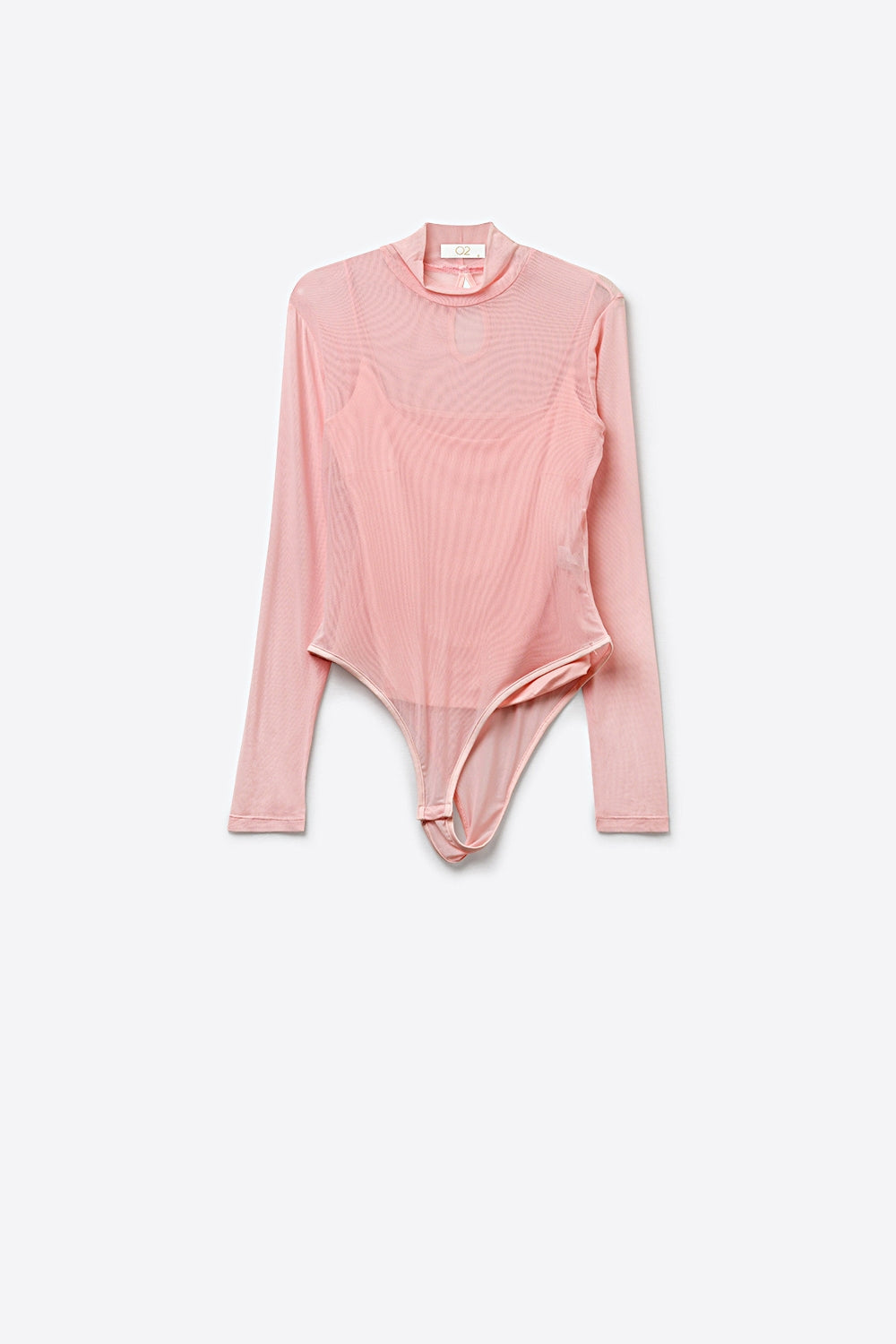 Pink Sheer Mesh Long Sleeve Bodysuit with Mock Neck