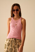 Q2 Pink sleeveless T-shirt in ribbed stretch cotton knit