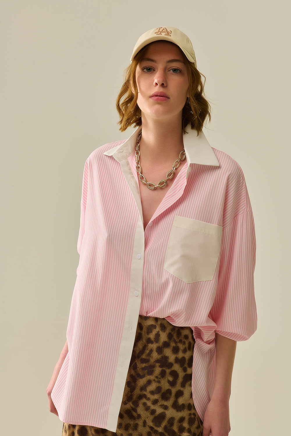 Q2 Pink Striped Shirt with pocket and white collar