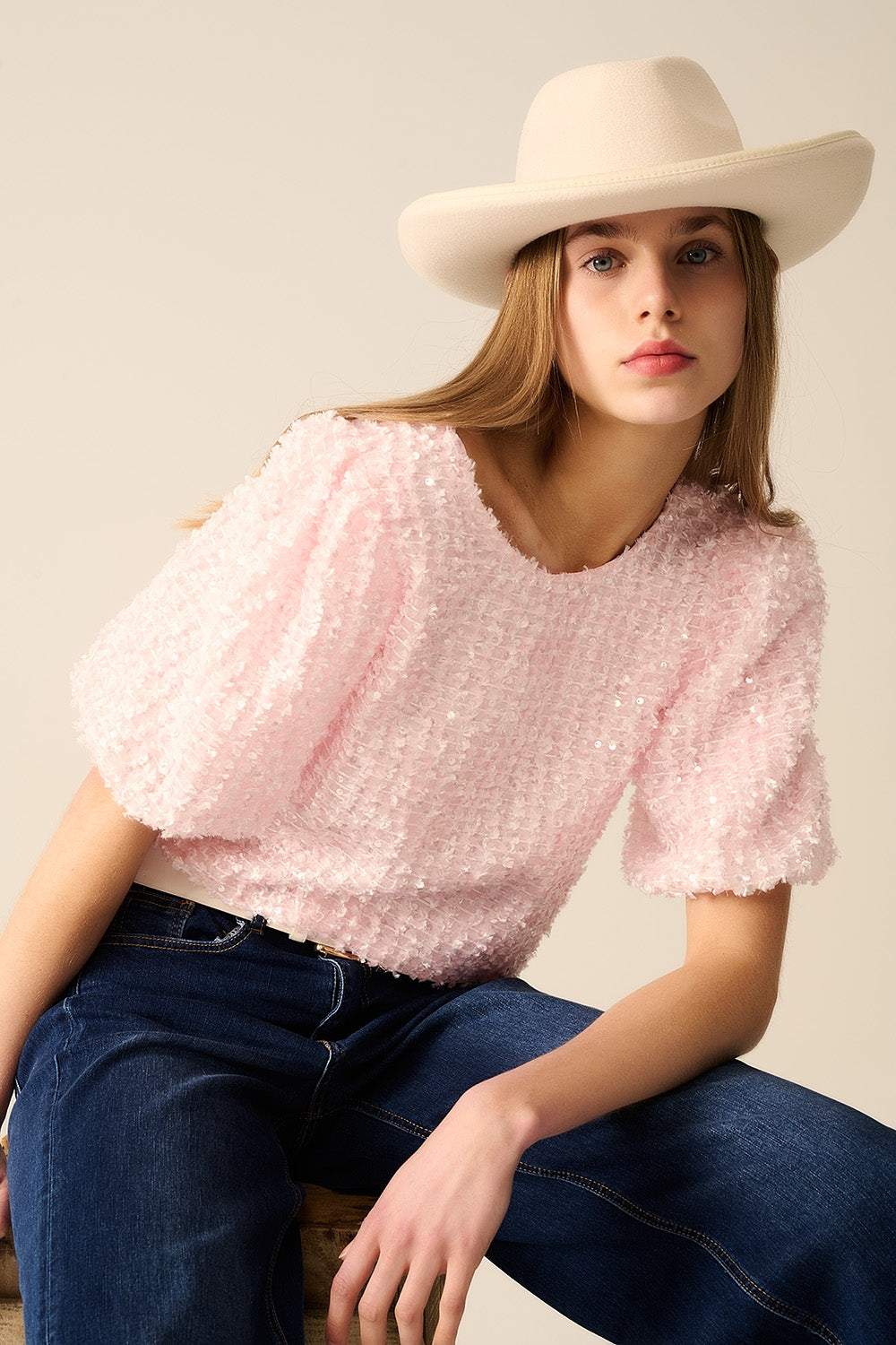 Q2 Pink top with sequin detail and balloon sleeves