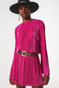 Q2 Pleated round neck crop top in fuchsia