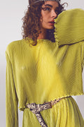 Q2 Pleated Round Neck Crop Top in Green