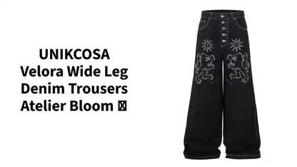 UNIKCOSA Velora Wide Leg Denim Trousers Atelier Bloom 💫 by@Outfy