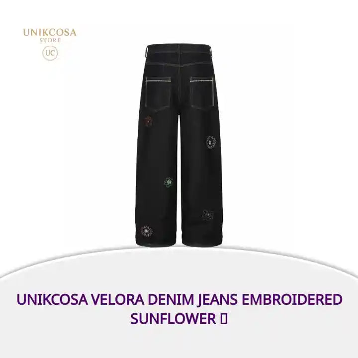 UNIKCOSA Velora Denim Jeans Embroidered Sunflower 🌸 by@Outfy