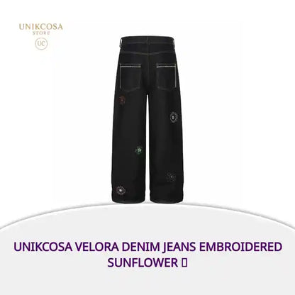 UNIKCOSA Velora Denim Jeans Embroidered Sunflower 🌸 by@Outfy