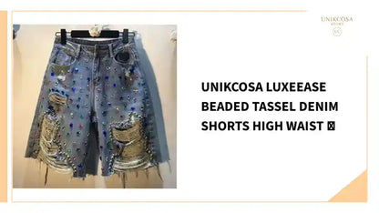 UNIKCOSA LuxeEase Beaded Tassel Denim Shorts High Waist 💫 by@Outfy