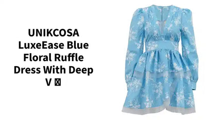 UNIKCOSA LuxeEase Blue Floral Ruffle Dress With Deep V 🌸 by@Outfy
