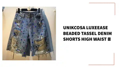 UNIKCOSA LuxeEase Beaded Tassel Denim Shorts High Waist 💫 by@Outfy