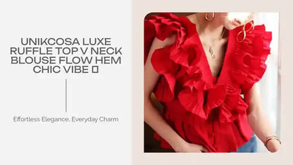 UNIKCOSA Luxe Ruffle Top V Neck Blouse Flow Hem Chic Vibe 🌸 by@Outfy