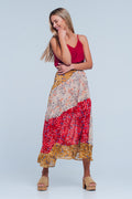 UNIKCOSA Red floral meadow bias cut midi skirt