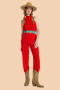 Q2 Red Jumpsuit With Crossed Halter Neckline