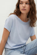 Relaxed baby blue boatneck sweater with dropped sleeves