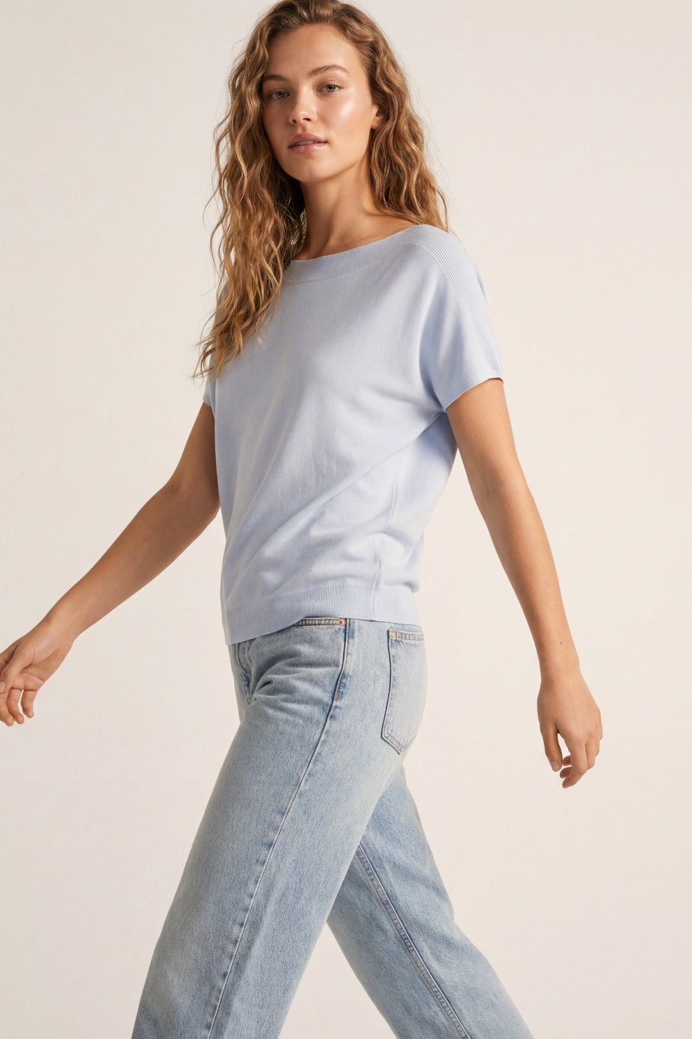 Relaxed baby blue boatneck sweater with dropped sleeves