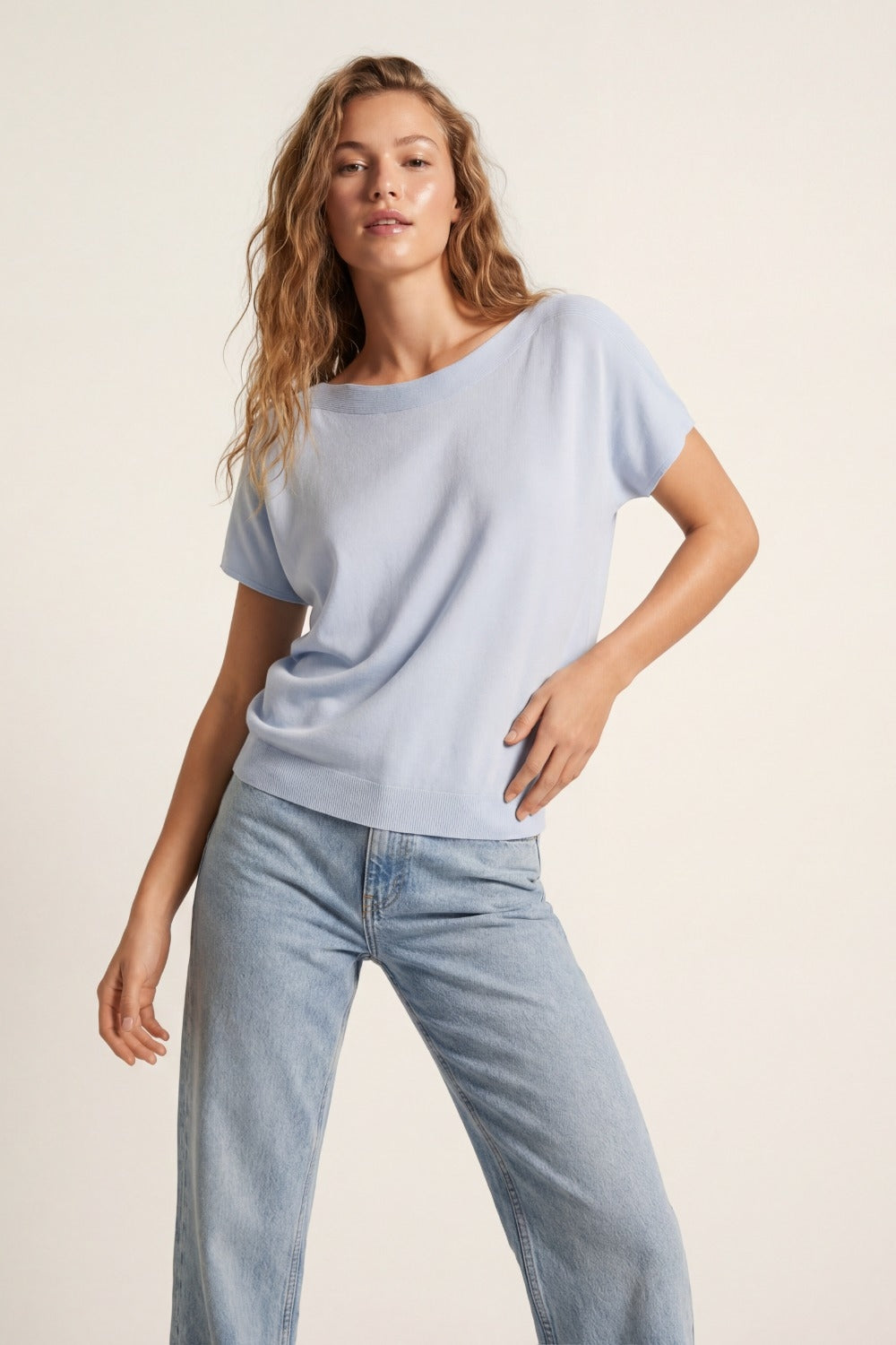 Relaxed baby blue boatneck sweater with dropped sleeves