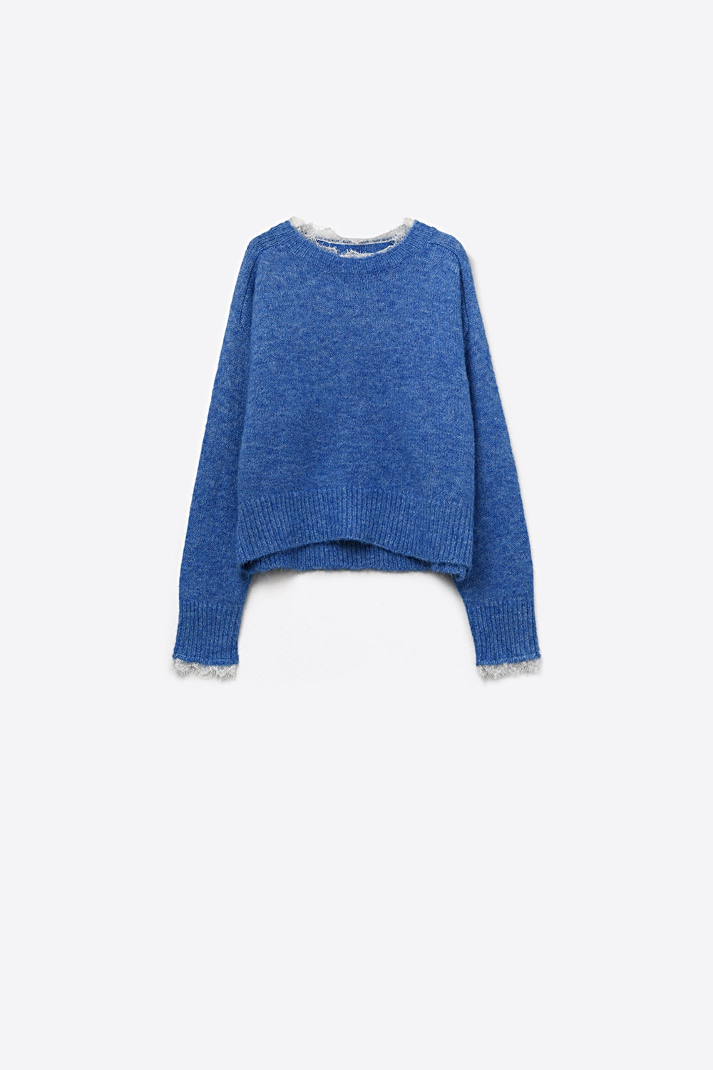 Relaxed Blue Sweater With Lace Details at Cuffs and Neck