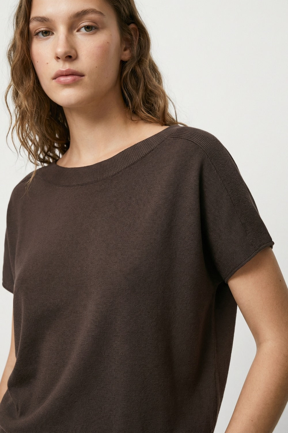 Relaxed brown boatneck sweater with dropped sleeves