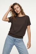 Relaxed brown boatneck sweater with dropped sleeves
