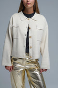 Q2 Relaxed Formal Knitted Cardigan With Chest Pockets in Beige