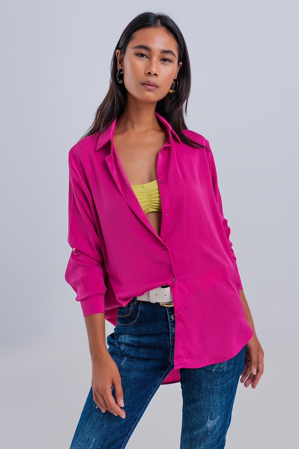 Q2 Relaxed satin long sleeve shirt in fuchsia